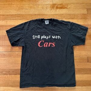 VTG Still Plays With Cars 90s Black Biker Mechanic Dad Size Large Shirt